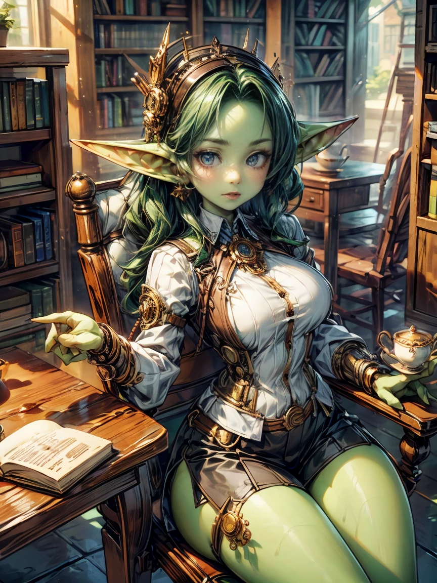 1girl, ((best quality)), ((masterpiece)), (very detailed), 4k, symmetrical, perfect face, ankle length very very long thick blue braid, teal hair, beautiful, ((green skin:1.6)), small pointy ears, delicate, blue eyes, seductive eyes, sexy, beautiful, princess, very very long blue braid, wearing very ornate blue bikini and blue high heels, long sheer blue cape flowing behind, setting an an ornate wood and gold desk, many papers on desk, holding quill pen and writing,