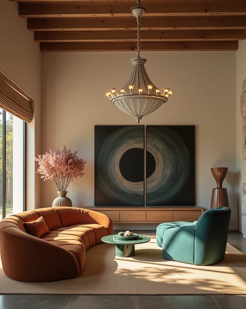 raw photo, earthy tones living room, silk modular sofa, oscar niemeyer longue chaise, big window, medusa chandelier silver, wall art gallery with pollock paintins, green marble cubist coffee table