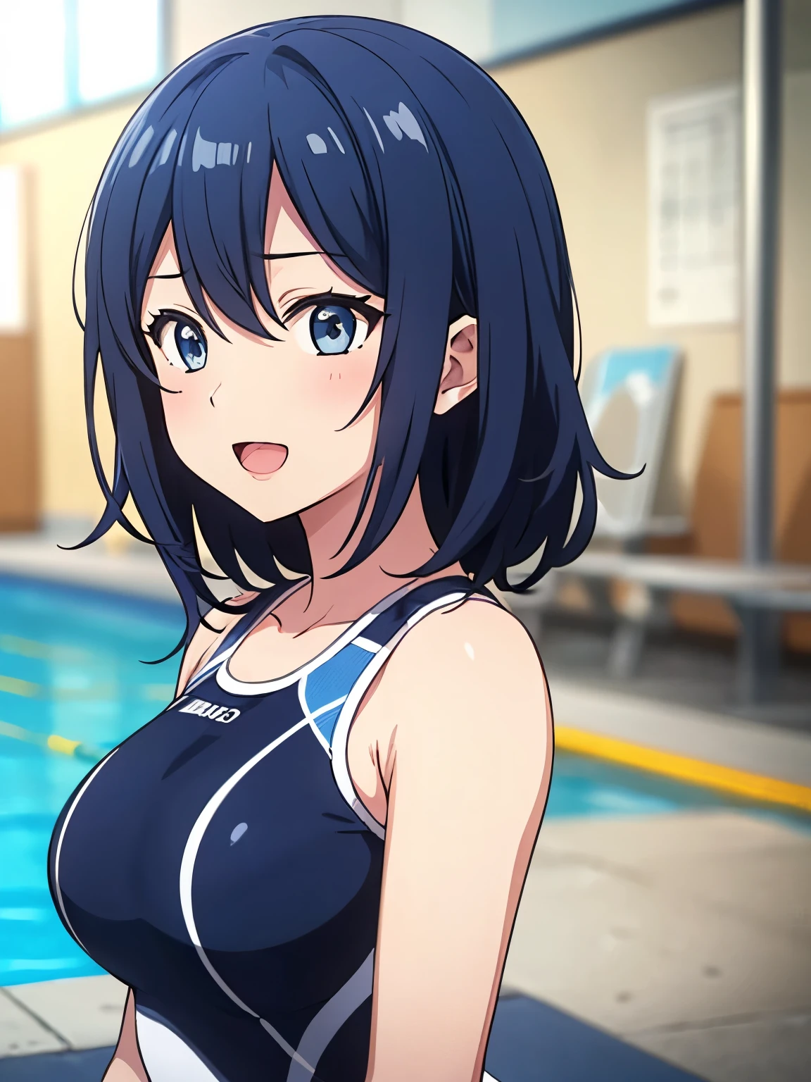 ((masterpiece, Best Quality, Very detailed, Very nice 8K CG wallpaper)), , A little thick, Medium Hair, Navy Blue Hair, Short Hair, Dark blue eyes、Competition swimsuit、Large bust、Cute expression、Inside the school pool、discovery、One Girl、whole body、Hoshino Ichika、Bust size: D cup、