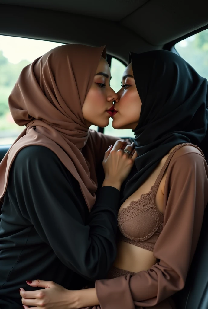 extreme close up of two beautiful hijab indonesian lesbian girl laying down,bra and panties,hugging,french kiss,lesbian sex,,in a car,look to the viewer