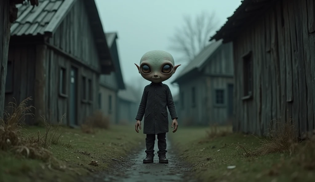 Top quality, masterpiece, town street background, person in the form of dirty and old white balloon doll, image from below, science fiction, detailed science, life science, detailed image texture, creepy, scary, creepy atmosphere (not AI image), cloudy weather, low color image, creepy, character filling the screen, light pastel colors, detailed skin expression, exquisite skin