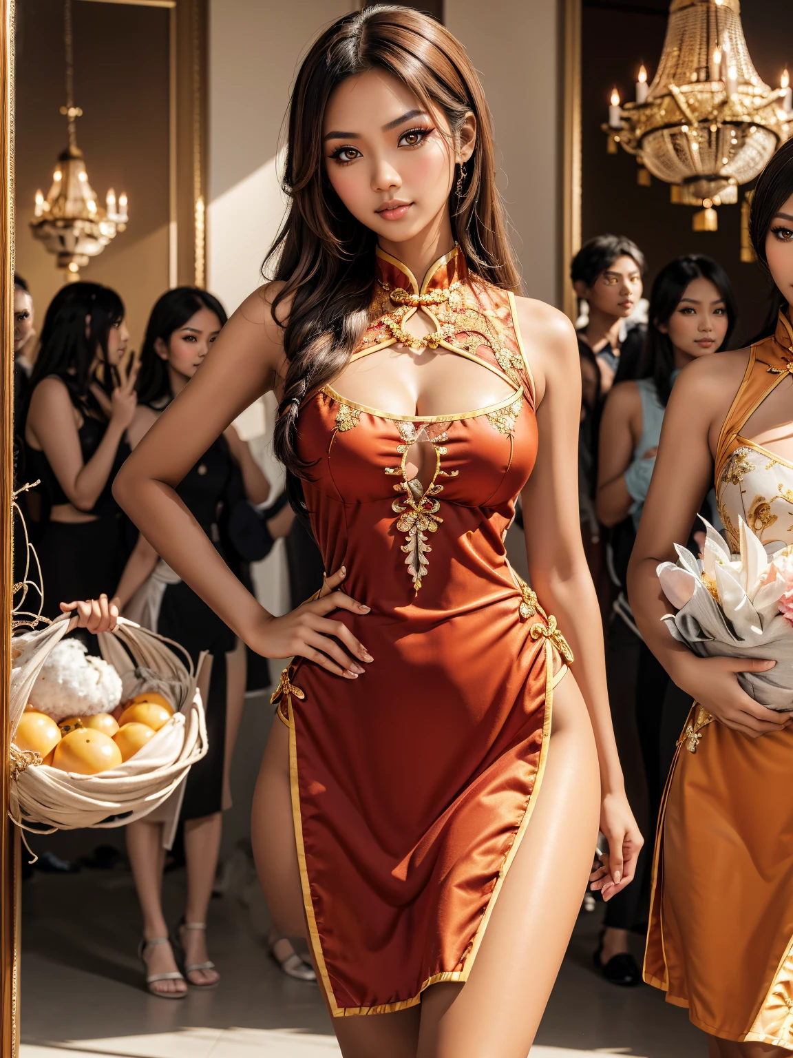 china dress, chinese clothes, dresasterpiece, best quality, highres:1.2), (photorealistic:1.2), (intricate and beautiful:1.2), (detailed light:1.2), (soft lighting, side lighting, reflected light), (colorful, dynamic angle), upper body shot, fashion photography, (SEXY SFW tanned Malaysian|Filipina adult female model walking on fashion_runway, wearing clothes, long hair), dynamic pose, light passing through hair, (crowded, female bystanders:1.3), (official art), (perfect skin), (sharp)