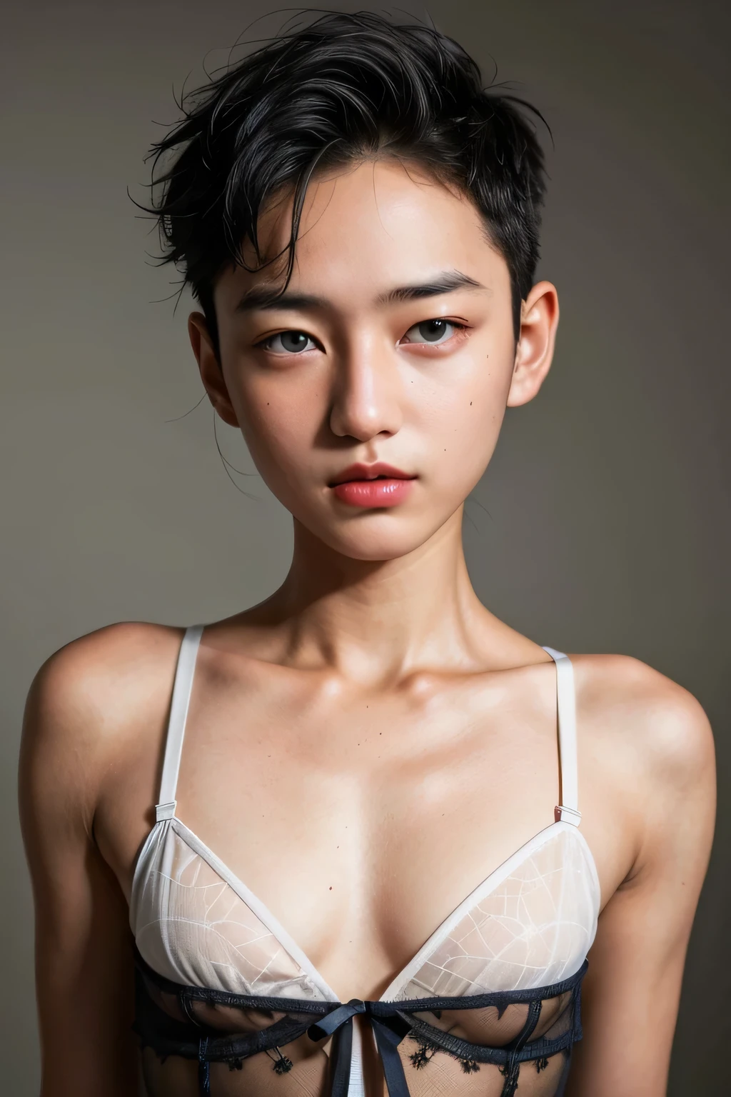 ((9x-UltraSharp)), ((SMALL HEAD)), ((NECK LACE)), Spread, ((FEMBOY)), (((SAD FACE EXPRESSION:1.1)), ((NECK LACE)), ((GOTHIC EYELASHES & LIPS)), ((LIPS)), ((MEN'S STYLE SHORTHAIRCUT)), adorable, 1 girl, (face to face), , , happy, half body portrait, (face details: 1), (eye details: 1), ((tiny breasts)). ((Lingerie)), ((net stockings)), lingerie ((red lips)), (((LIGHT WHITE NAKED)))