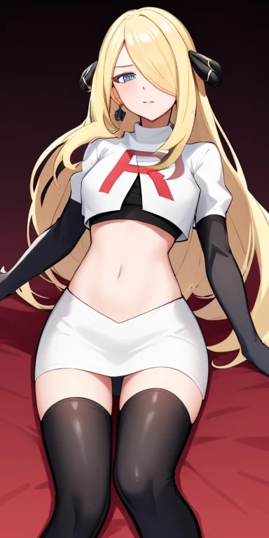 cynthia (pokemon), 1girl, solo ,blonde hair, blue eyes ,hair covering one eye, hair ornament ,earings ,team rocket uniform, red letter R, white skirt,white crop top,black thigh-highs, black elbow gloves, 