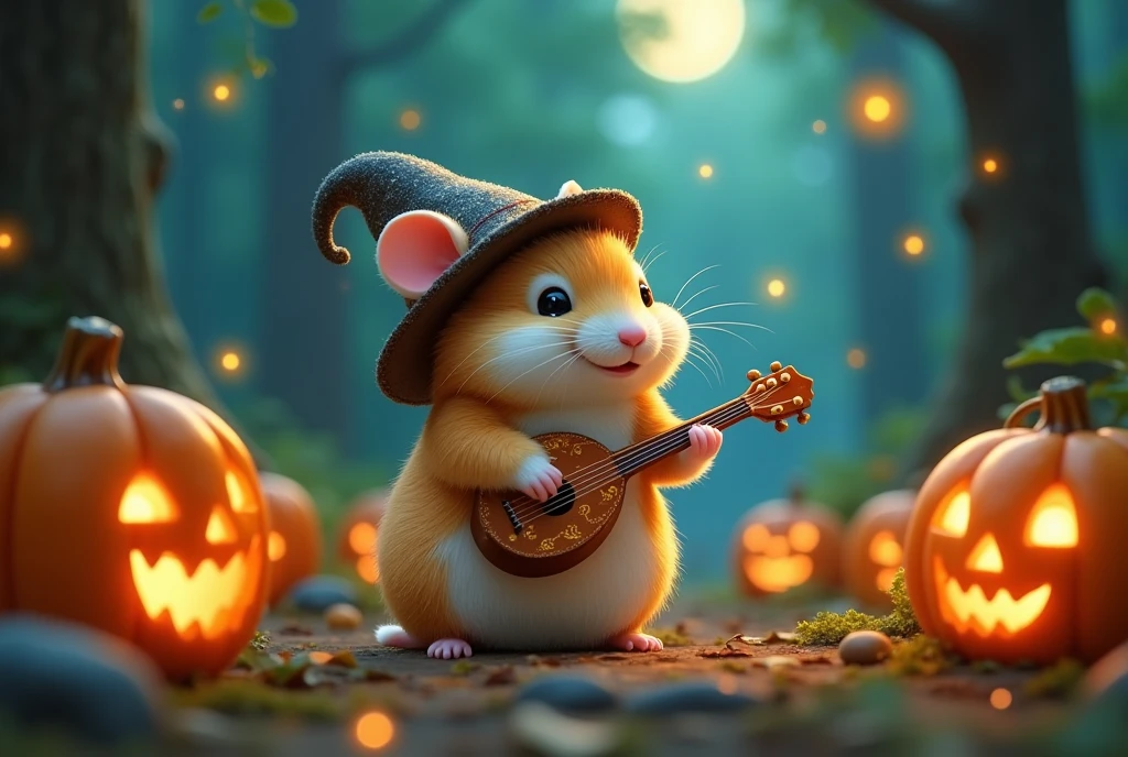 Imagine a whimsical world where the colors of the forest seem to dance in the twilight, a breathtaking symphony of emerald greens and golden hues as the celestial sun dips below the horizon. In this enchanting woodland, a delightful hamster (with a soft, plush coat of caramel and ivory fur, tiny twinkling sapphire eyes, and a whimsical wizard's hat adorned with stardust) embarks on a journey. As the air grows cooler with the approach of Halloween, pumpkins of every conceivable size, carved with intricate faces that glow with an inner firelight, dot the landscape. The hamster carries a miniature lute, strumming notes that mingle with the rustling leaves, creating a melody that invites spirits of the forest to join in dance under the soft glow of fireflies. The star-strewn sky forms a canopy overhead, limitless and awe-inspiring, as if holding secrets of the ages. The forest, alive with the gentle hum of nature's wonders, is bathed in the sweet scent of pine and earth. The air tingles with magic, and every step the hamster takes seems to be guided by an invisible hand, leading closer to a grand adventure where dreams and reality weave an intricate tapestry. Here, the line between the mundane and the mystical blurs, sparking like wonder and the promise of discoveries untold.