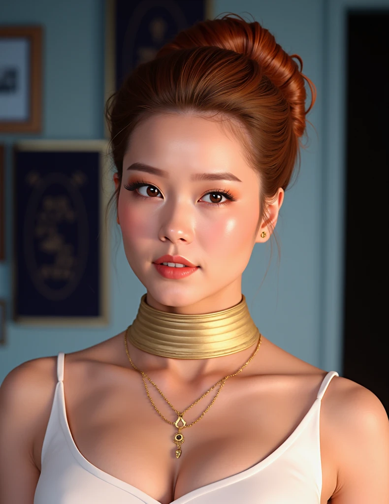 (masterpiece:1.1), (highest quality:1.1), fullbody, short hair, good anatomy, hair bun,, (1girl:1.2), (detailed face and eyes:1.25), solo, orange hair, brown hair, brown eyes, (huge breasts:1.3), ((white skintight bodysuit:1.2), cleavage:1.2), blush, looking at viewer, mature female, sidelocks, tachibana kyouka,, zaum, elysiumchar, oil painting,  sexy girl