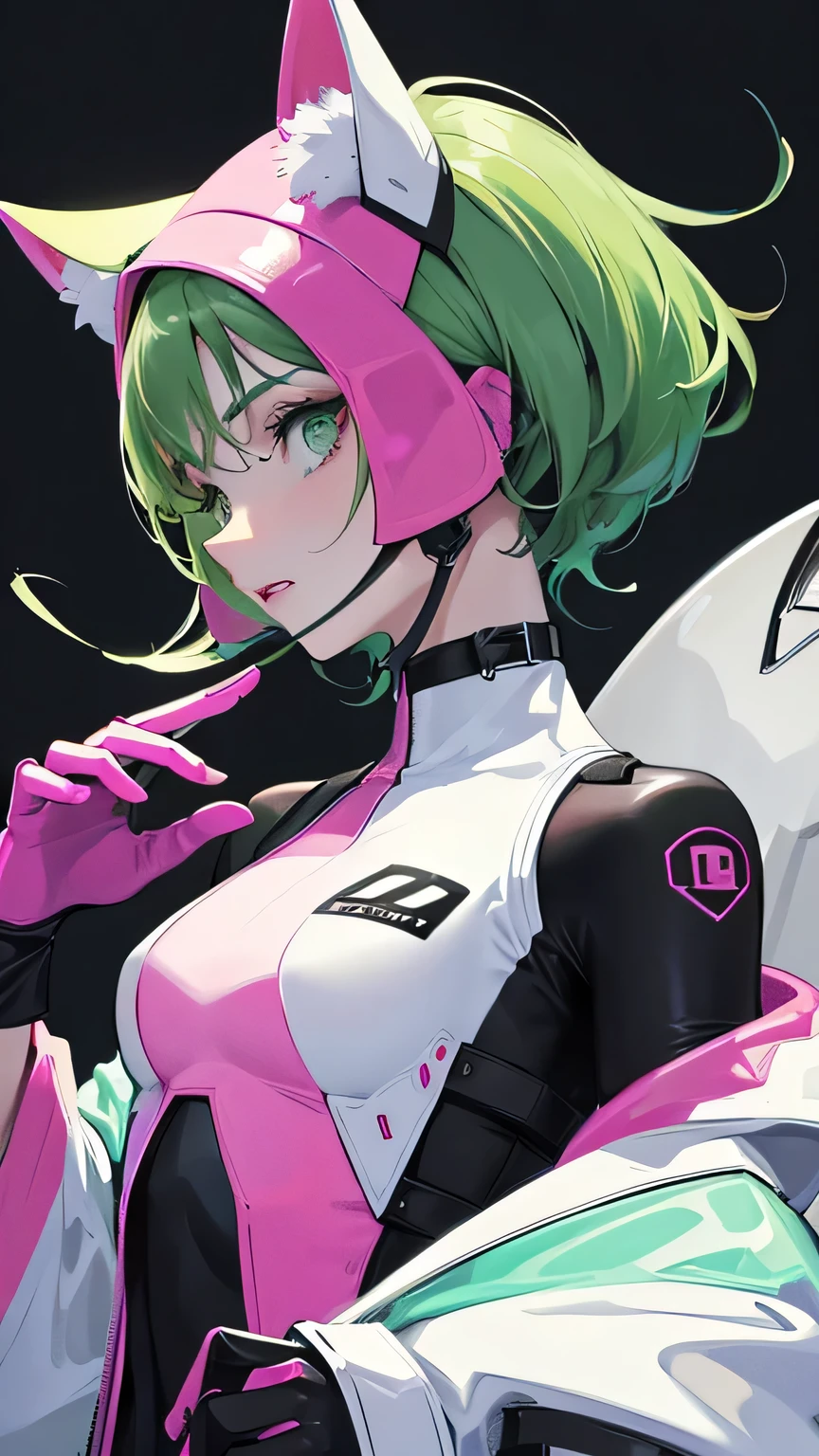 1 girl, anime, futuristic setting, tall, elegant tuxedo, neon green hair, pink streaks in hair, orange eyes, muscular, sleeves rolled up, messy hair, ponytail, beauty marks, moles, sharp teeth, shark tail, smirk