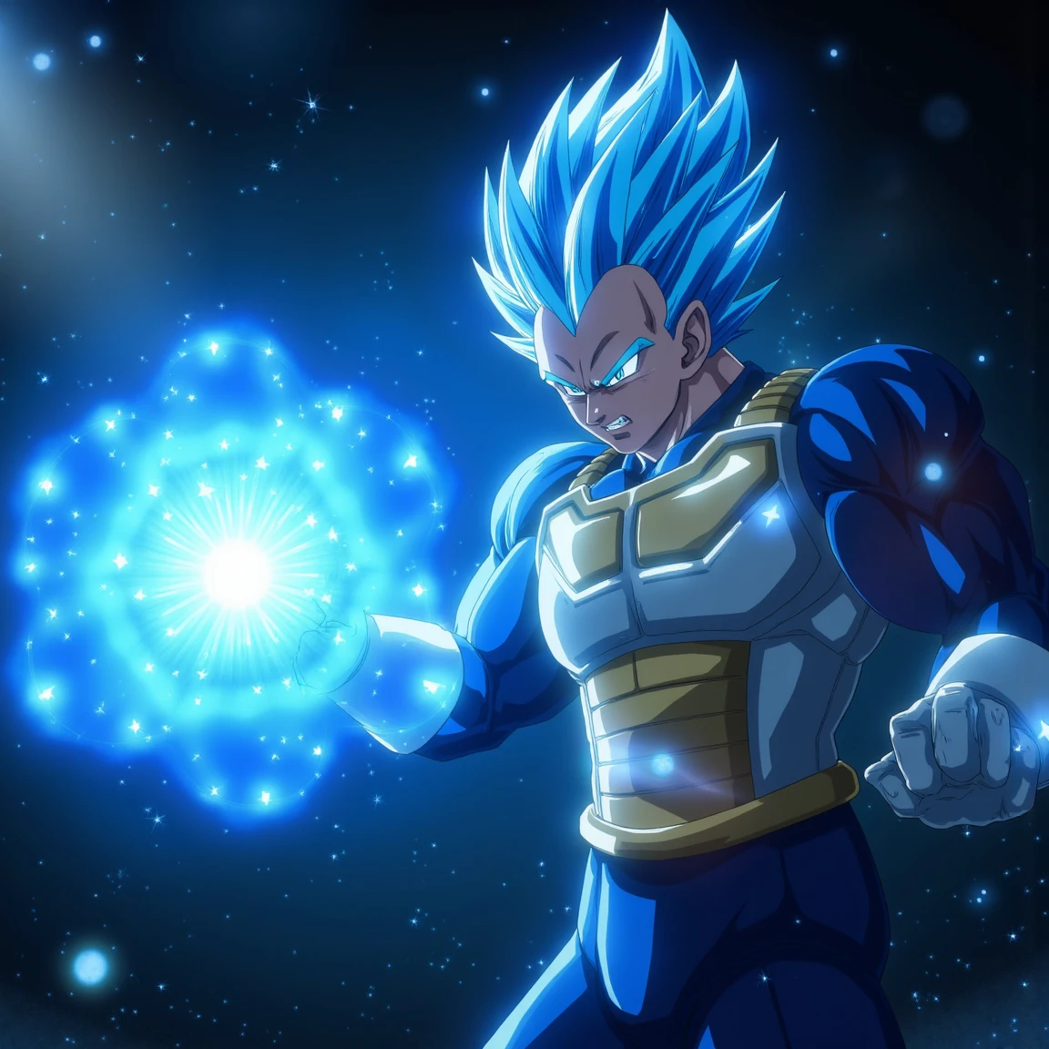 Cinematic, Hyperrealism, High Resolution, Masterpiece, Super Detailed, Backlighting, Silhouette, Reflection Light, 3d, Photorealism, Close-Up, Super Saiyan Blue, Blue Super Saiyan hair with no eyebrows, Blue glowing eyes, sparkling blue aura with glowing floating particles, dynamically performing Final Flash blast, well defined muscles, realistic, dynamic posing, dark cosmic background, serious smug look