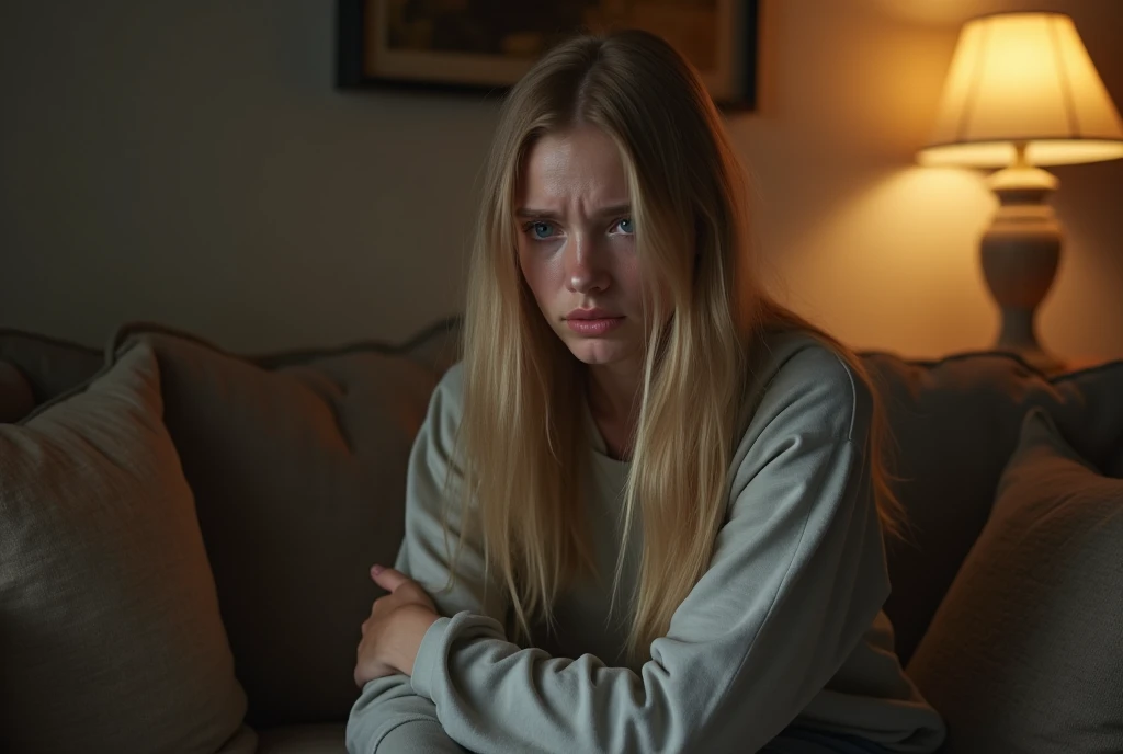 A blond woman sitting on the couch crying. Living room scenario - SeaArt AI
