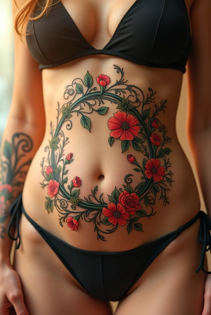 A floral tattoo on her bare back, warm atmosphere, [:[ <'EM_1'> <'EM_2'> | <'EM_3'> <'EM_4'> ]:0.2] wearing simple panties