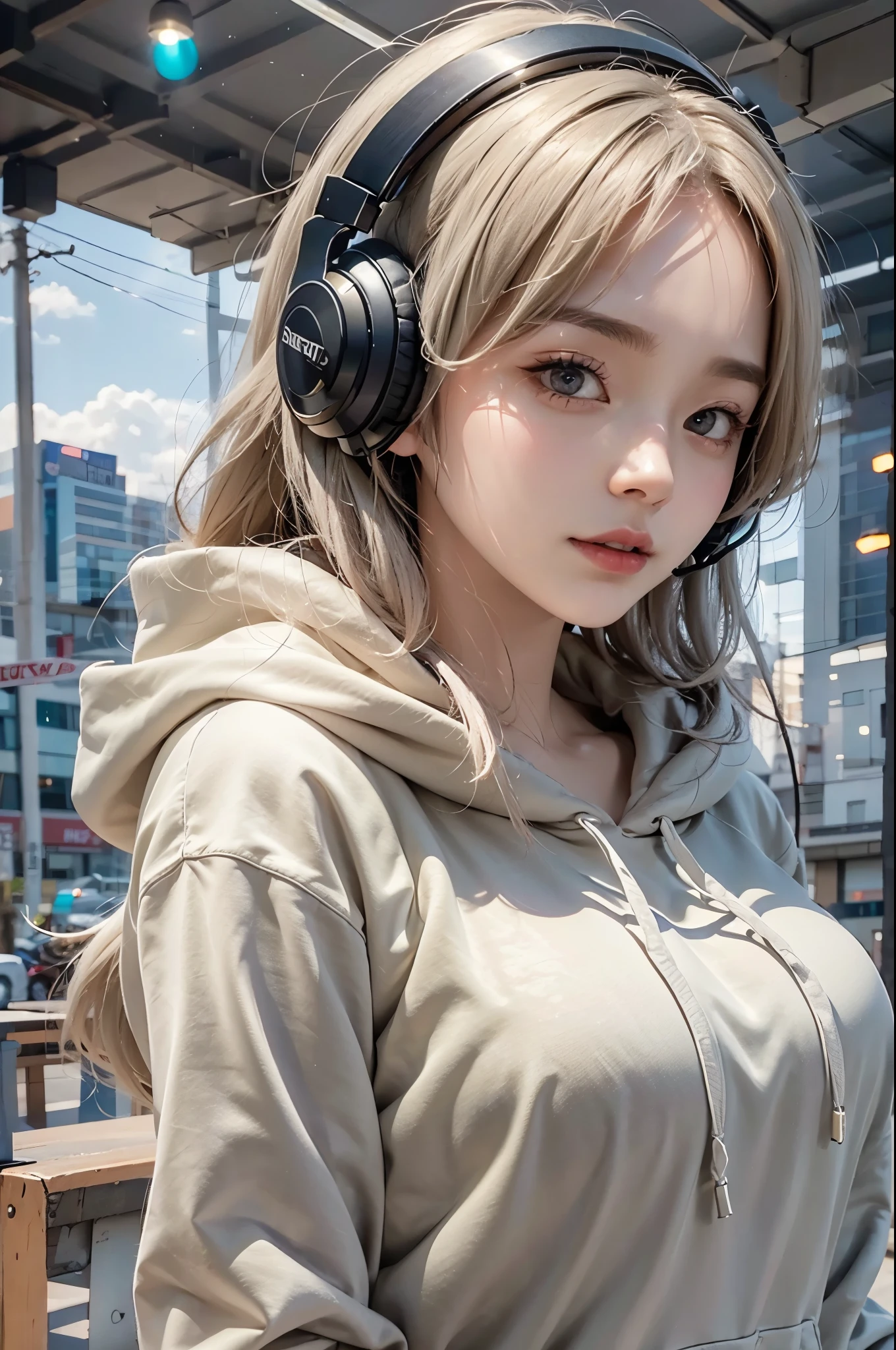 ((masterpiece:1.5、8k、Portraiture、Photorealistic and very detailed CG、Very detailed、Particle Effects、Dynamic Effects、Written boundary depth、Cinematic Light、Lens flare、Ray Tracing、Tabletop、Realistic:1.4、超A high resolution:1.2、Realistic、Realistic))(1girl, sweet girl, white hair, aqua eyes, medium breasts, slim body)(school uniform, Wear a hoodie over school uniform, short pleated skirt, headphone:1.5, Large professional headphones
