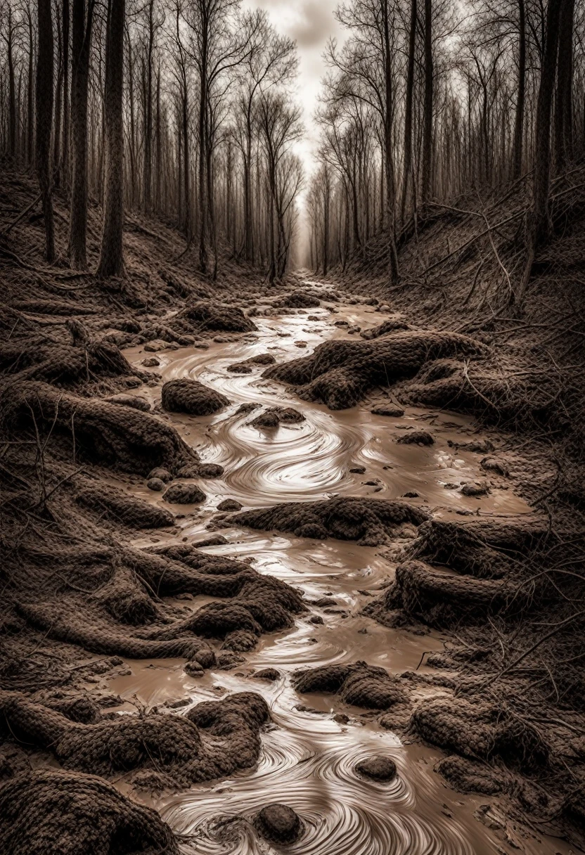 Russian forest, brown quicksand, gurgling mud, boobles on the surface, cloudy weather, ultra realistic photo style, 