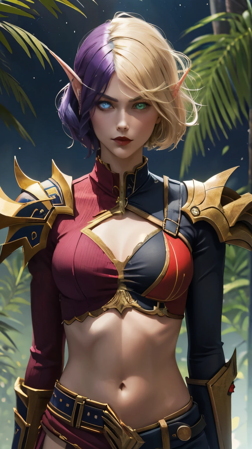 (8K, highest quality, masterpiece:1.2), High resolution, masterpiece, break, beautiful woman, beautifully mouth, highly beautiful eyes and face, beautiful fine eyes, upper body, slim body, 20 years old girl, (1girl, purple hair, short hair, spiral eyes, lustful eye, purple lip, smirk, angry) (digital) (looking at viewer), (Forest background)), best quality, blue eyes, pointy ears, colored skin, blue skin, purple shoulderpads, gold trim on the shoulderpads, dark Purple shirt:1.3, cloth shirt, black Sleeves:1.2, crop top, navel, gold trim on shirt, voidelf