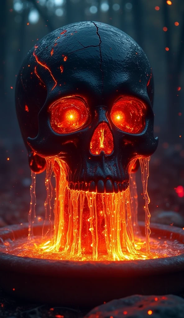 ((masterpiece)) ((photography)) ((Highest quality)) A hyper-realistic, kinetic image of a fountain shaped like a black skull, with molten lava flowing from its eye sockets and mouth. The lava cascades in glowing streams, creating random splashes and fiery droplets that illuminate the dark night background. The setting is shrouded in shadows, with the bright orange and red hues of the lava providing dramatic contrast, casting an eerie and intense glow around the scene. The textures of the skull are detailed, with a charred, cracked surface that adds to its ominous presence.