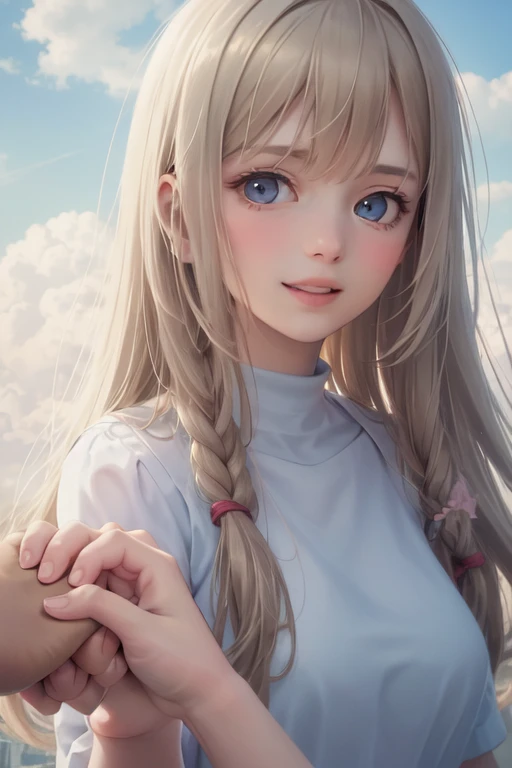 (best quality, masterpiece), 1girl, pose, particle, wind, flower, upper body, looking at viewer, focus on face, blonde, smile,