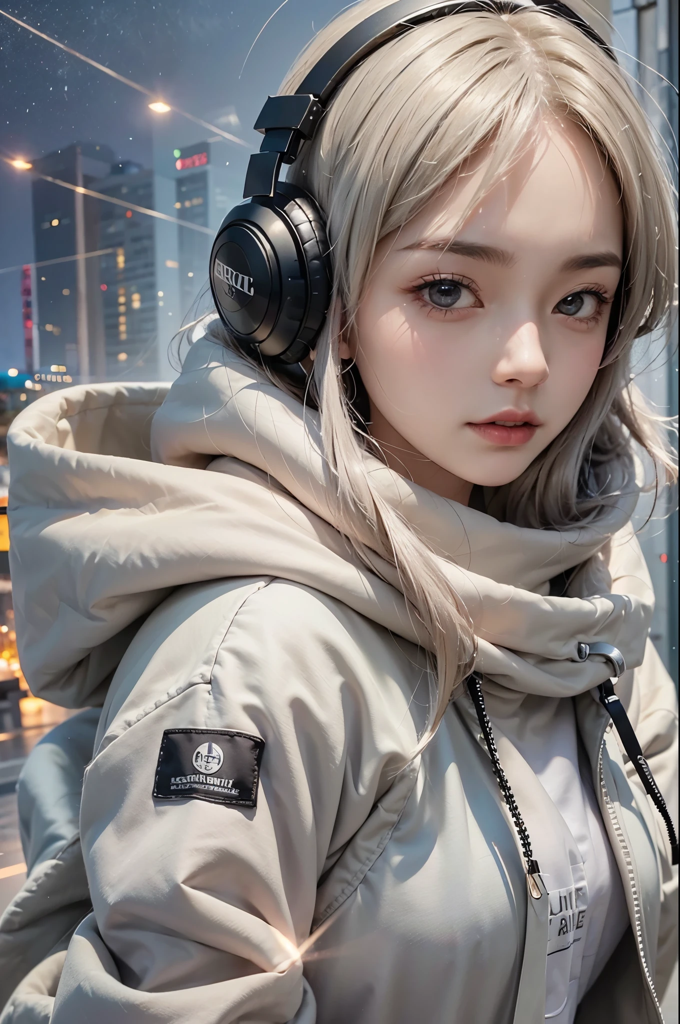 ((masterpiece:1.5、8k、Portraiture、Photorealistic and very detailed CG、Very detailed、Particle Effects、Dynamic Effects、Written boundary depth、Cinematic Light、Lens flare、Ray Tracing、Tabletop、Realistic:1.4、超A high resolution:1.2、Realistic、Realistic))(1girl, sweet girl, white hair, aqua eyes, medium breasts, slim body)(school uniform, Wear a hooded jacket over school uniform, short pleated skirt, headphone:1.5, Large professional headphones
