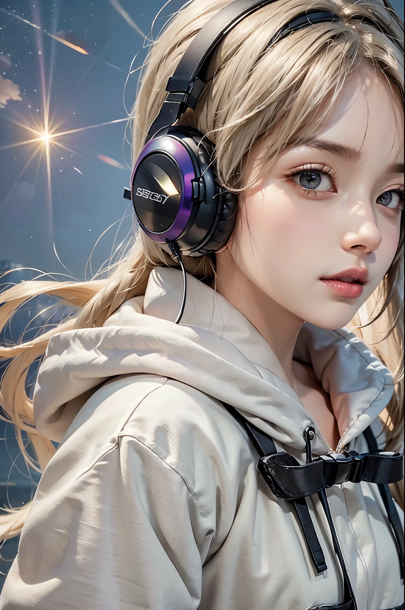 ((masterpiece:1.5、8k、Portraiture、Photorealistic and very detailed CG、Very detailed、Particle Effects、Dynamic Effects、Written boundary depth、Cinematic Light、Lens flare、Ray Tracing、Tabletop、Realistic:1.4、超A high resolution:1.2、Realistic、Realistic))(1girl, sweet girl, white hair, aqua eyes, medium breasts, slim body)(school uniform, Wear a hooded jacket over school uniform, short pleated skirt, headphone:1.5, Large professional headphones