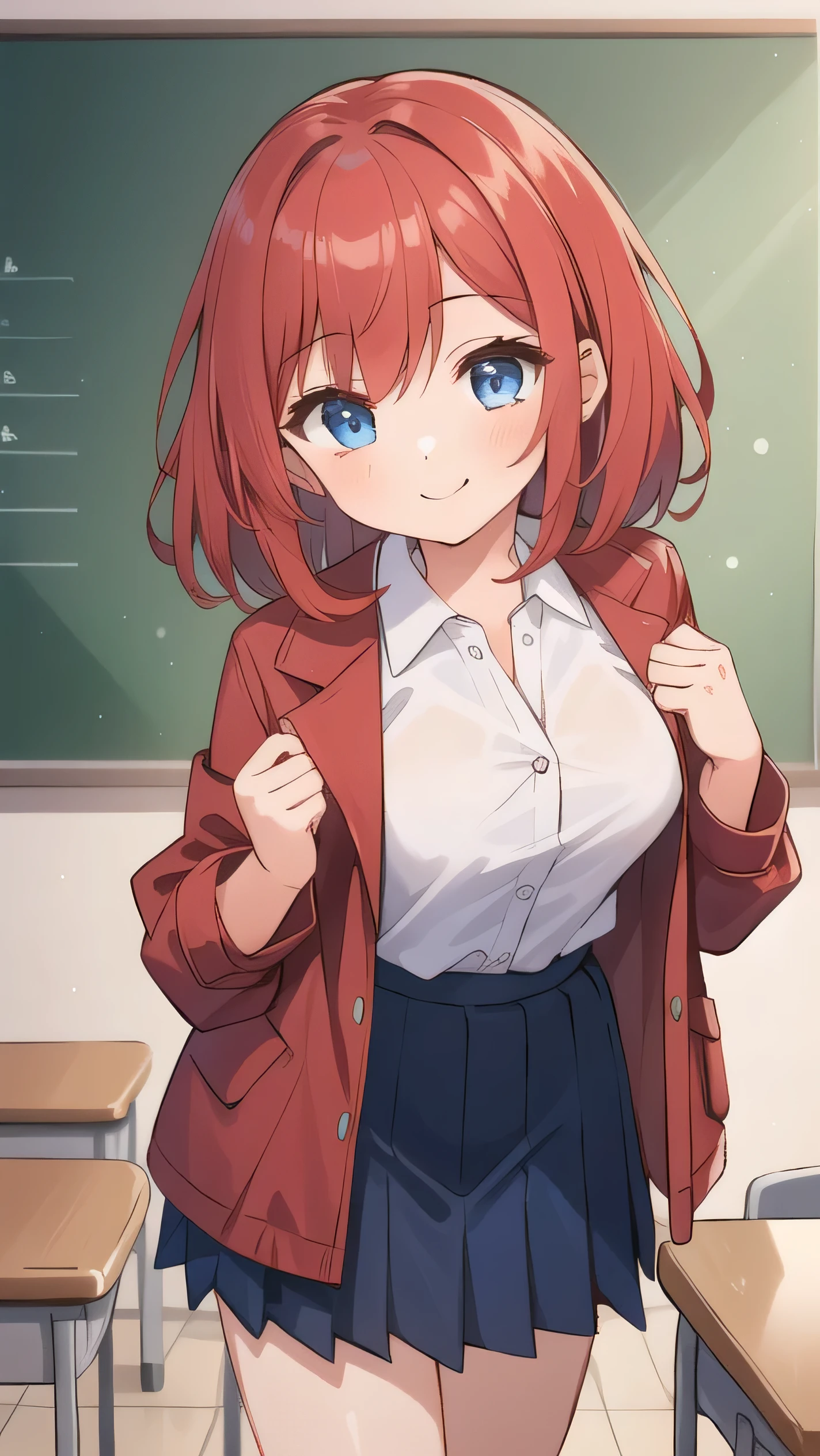 Big breasts, red hair, blue eyes, droopy eyes, red jacket, long sleeves, navy skirt, elementary school student, super big breasts, (medium hair: 1), baggy clothes, elementary school student, young face, short height, 10 years old, old, shy Agari, smiling a little, trying to unbutton his shirt in the classroom, white shirt, soft hair,straight hair , gentle smile, a little smile ,