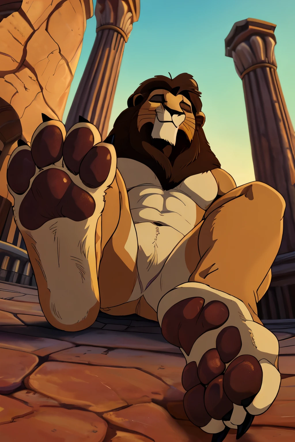 handsome, lion, kowu,(Lion king) scruffy fringe, wearing gladiator clothers ,eyes with a mischievous glint, brown eyes, average build, good eyes, warm lighting, 8k semi realistic small grin, foot paw (4 toes ) ((small claws on toes)) (sleeping))lying dead in the colosseum ((closed eyes)) ((tonque out of the mounth)) (feet soles showing)) ((lionmann)) ((feetsoles)) lying dead in the colosseum (defeat on the floor)) ((gladiator))lies lifeless on the ground, (paws up)) (feet up)) ((gladiator clother)) (roman empire)) (low angle) (paw focus)) (by SpiritD  ((black claws)) ((lion tail) ((detailed paws)) 
