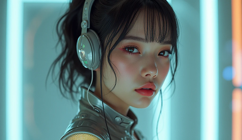Top quality, masterpiece, ultra high resolution, (photorealistic: 1.4), raw photo, futuristic town perspective, futuristic skyscrapers, girl standing on a futuristic street corner, black hair, glossy skin, 1 Gundam girl, (((ultra-realistic details)), sidmead-style mecha design, portrait, global illumination, shadow, octane rendering, 8K, Ultra Sharp, Big, Cleavage Exposed Raw Skin, Metal, Intricate Ornamental Details, Headset, Hydraulic Cylinder, Very Intricate Details, Realistic Light, CGSoation Trend, Purple Eyes, Glowing Eyes, Facing the Camera, Neon Details, Mechanical Limbs, Blood Vessels Connected to Tubes, Mechanical Vertebrae Attached to the Back, Mechanical Cervical Attachment to the Neck, sitting, wires and cables connecting to the head, Gundam suit, cyberpunk, small LED lamps,