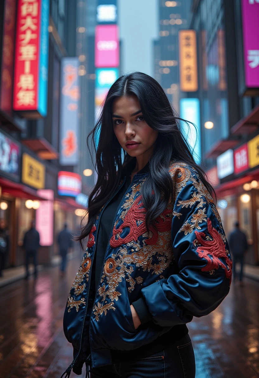 sukajan, Photo of a woman wearing sukajan jacket, red jacket, long black hair, modern city background, cyberpunk vibe