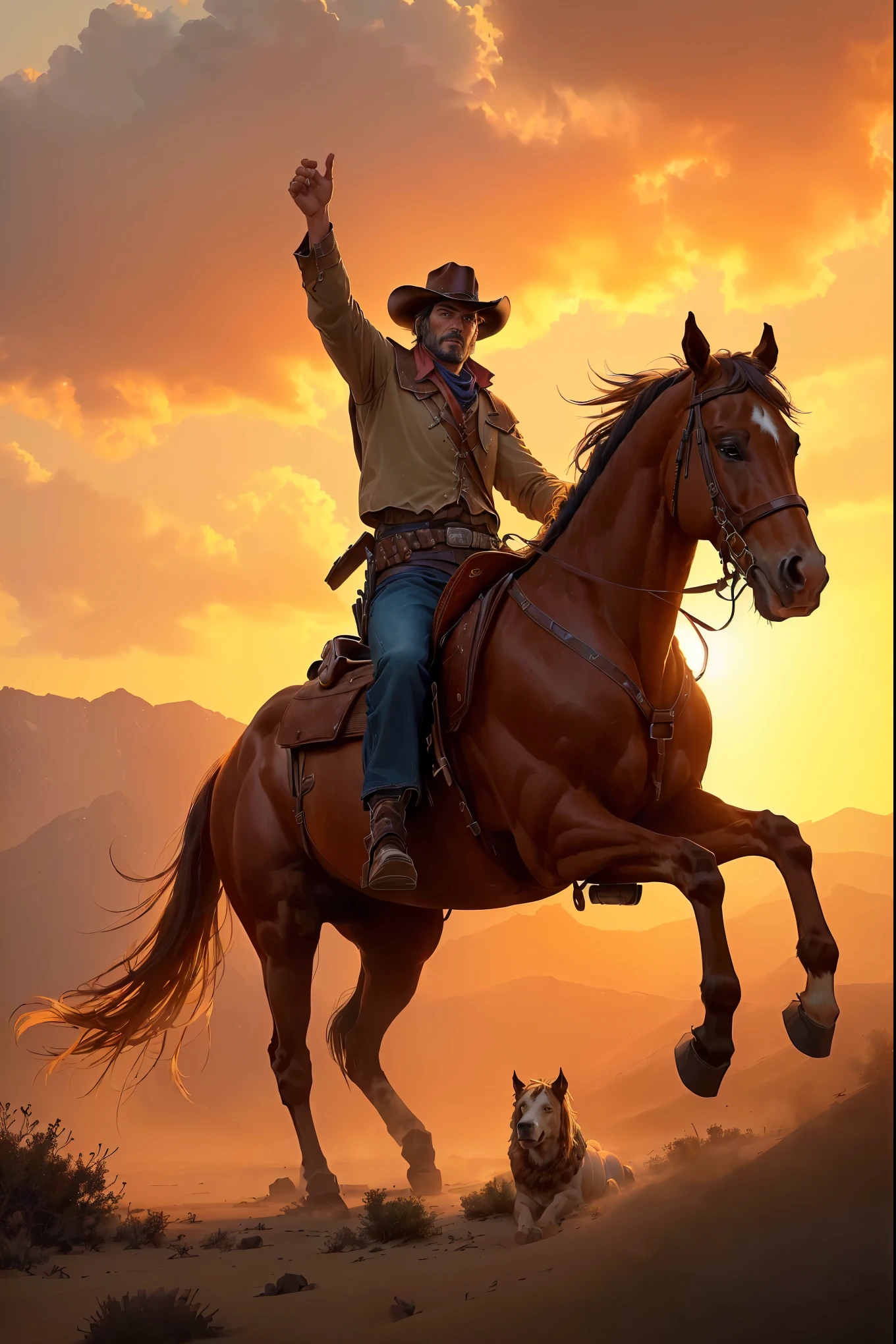 cowboy on a horse with a dog in the foreground, Western art, Western Paintings , Western comic art ,   Western Background , Step into the light at Western Animation , Ride a horse, Ride a horse,  Beautiful Horse Coat , detailed expression,  Inspired Westerns , cowboy,  Western Style Comic Book Art , Ride a horse, wild west,   Red Dead Redemption Art Style , Epic Westerns,   western comic style , Horse on top ,  Realistic Dust Smoke , Beautiful Clouds,  Detailed Sand Grains , ((UHD, masterpiece, textured skin, super detail:1.1, high details:1.1, best quality,  highres icon, 16k))