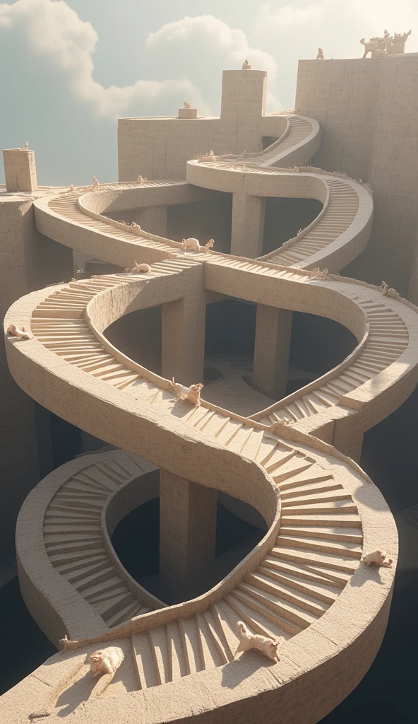 Penrose stairs made of very realistic stone, with cute cats happily walking on them, simple background