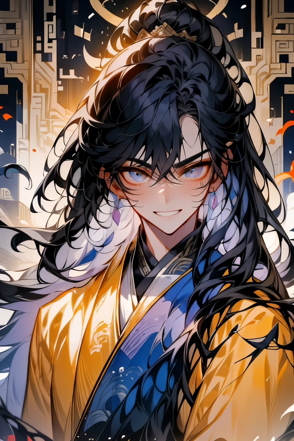 masterpiece, best quality, knight , Hanfu, 1 person, 30-year-old male, Black Hair, Amber Eyes , Long Hair, long bangs , Long Hairを縛って金の髪飾りを着けている, handsome, Garden background, Han Dynasty, kind, Tall, calm , alternating navy blue and purple clothes , phoenix pattern , delicate androgynous prince , Sword combination , smile, face details, The face is delicate,