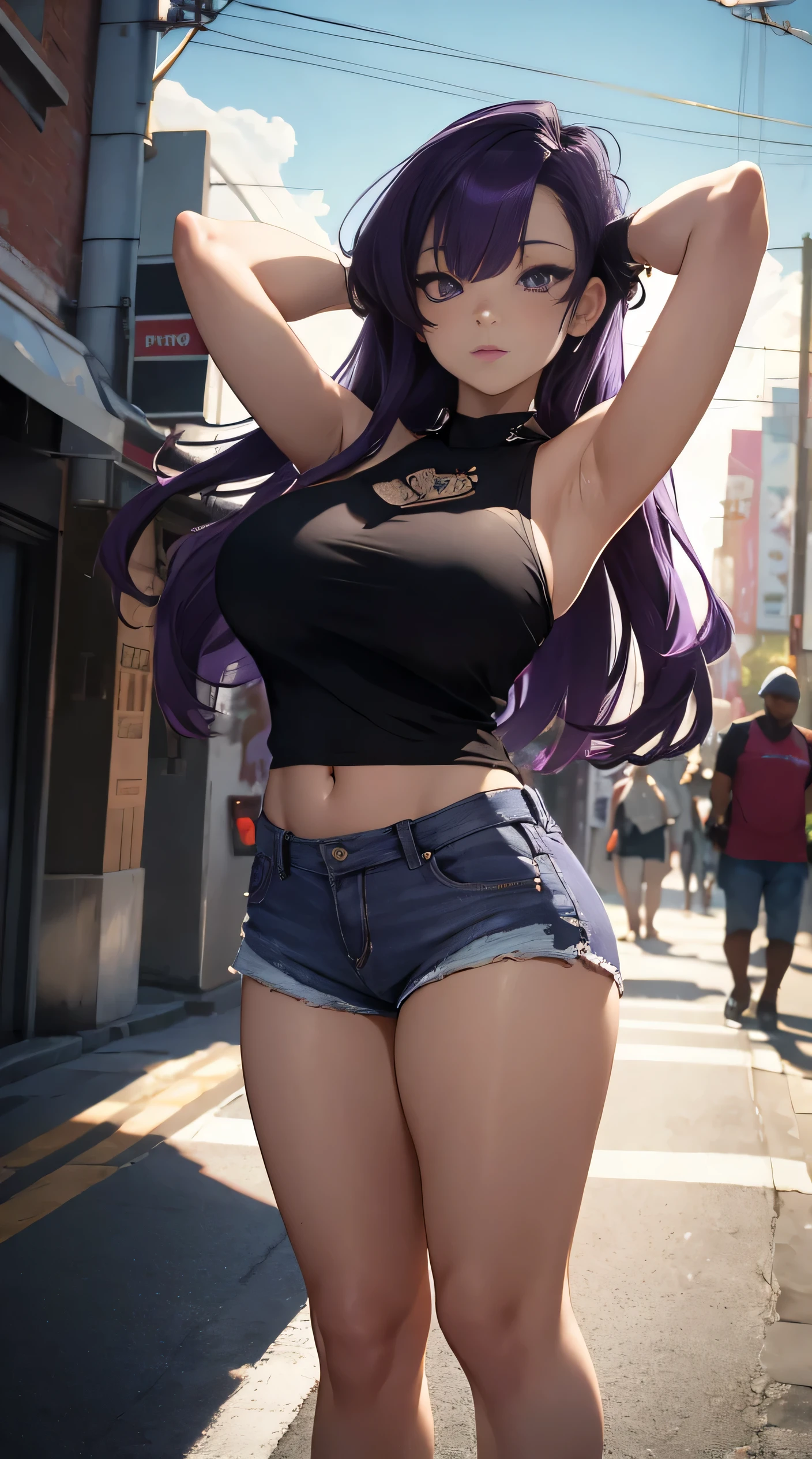 Huge breasts)),Long Hair,((Purple Hair,purple eyes)), Dawn, sunlight, (Perfect body : 1.0), collar, Lock, Full Body Shot, Crowded street, Wearing a black tank top, Jeans jacket, ((Shorts)),(masterpiece), (Highest quality:1.0), (ultra High resolution:1.0), Beautiful lighting ,Perfect Lightning, Realistic Shadows, [High resolution], Detailed skin, Very detailed,Put your arms behind your head, Big Breasts, Anime Style