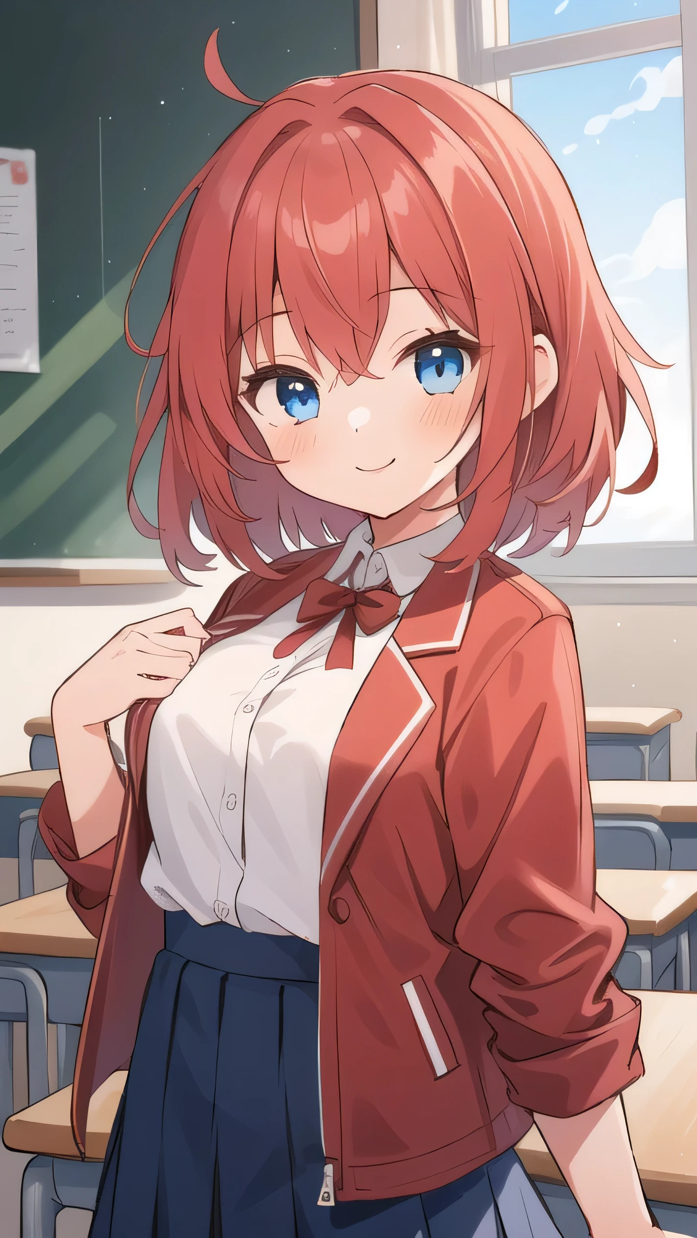 Big breasts, red hair, blue eyes, droopy eyes, red jacket, long sleeves, navy skirt, elementary school student, super big breasts, (medium hair: 1), baggy clothes, elementary school student, young face, short height, 10 years old, old, shy Agari, smiling a little, classroom, white shirt, soft hair，All the buttons on her shirt are undone and her bra is visible, a red bra.