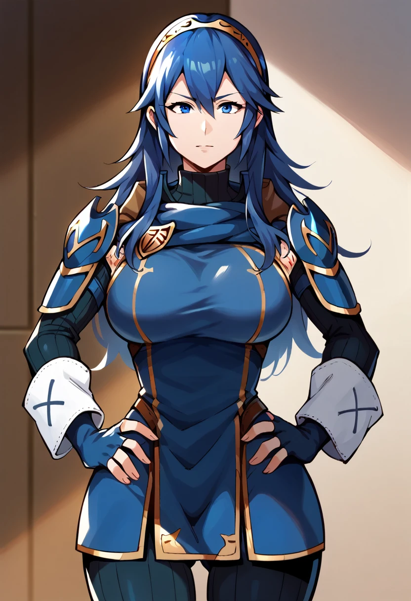 Lucina from Fire Emblem, Long Hair, Blue Hair, Blue War Armor, Blue Eyes, Hands on Hips, Petite Body, War Room Background, Huge Breasts, Wide Hips, Thin Waist, Solo, Aerial View, (cartoon-style bold line work:1.2), vibrant colors, cel shading, Simplistic Art Style, looking at viewer, solo