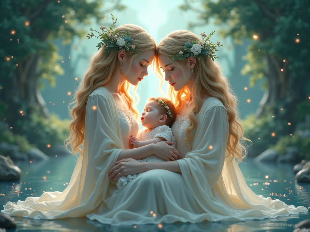 Indigenous baby in the green forest full of trees surrounded by two spirits of mystical and godlike aspects