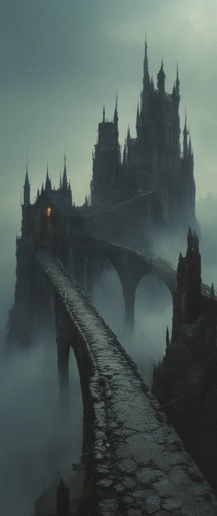 very old bridge\(floating in the sky, on the verge of breaking down, stretches far away to a Faries  castle from the foreground\) connected to an ancient wizard's castle floating in the sky. in the very deep thick fog and very deep thick haze with rain pouring. Dazzling light pours down from the sky and reflects diffusely through the fog.