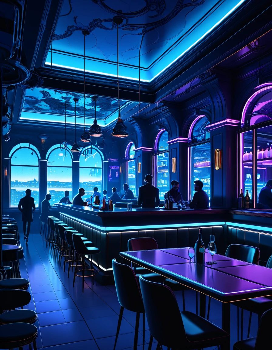 sketch there are people ,  sitting at tables in a restaurant with a blue ceiling , concept art stunning atmosphere,  neo-noir setting ,  bar illustration / laze , relaxing concept art,   of a very smoky Parisian cyberpunk bar ,  dramatic lighting . concept art,  mysterious ambient lighting ,  cinematic neon matt painting , neon ambient lighting ,  laze  background, luminescent concept art, metaverse concept art,  highly detailed environment, true  Realistic image , masterpiece,  artwork,  hyperrealistic , rendering ,  realistic physical rendering,  Photorealistic rendering ,  highly detailed ,  high-quality render ,  architectural rendering ,  very realistic 3D render ,  Realistic image ,  Michelin star restaurant 