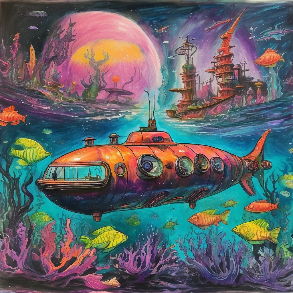 ren-drawing, colorful, submarine floating in a scary hellish dystopian alien underwater environment