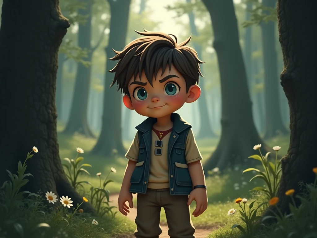 Green-eyed boy in the park with an intrigued expression
