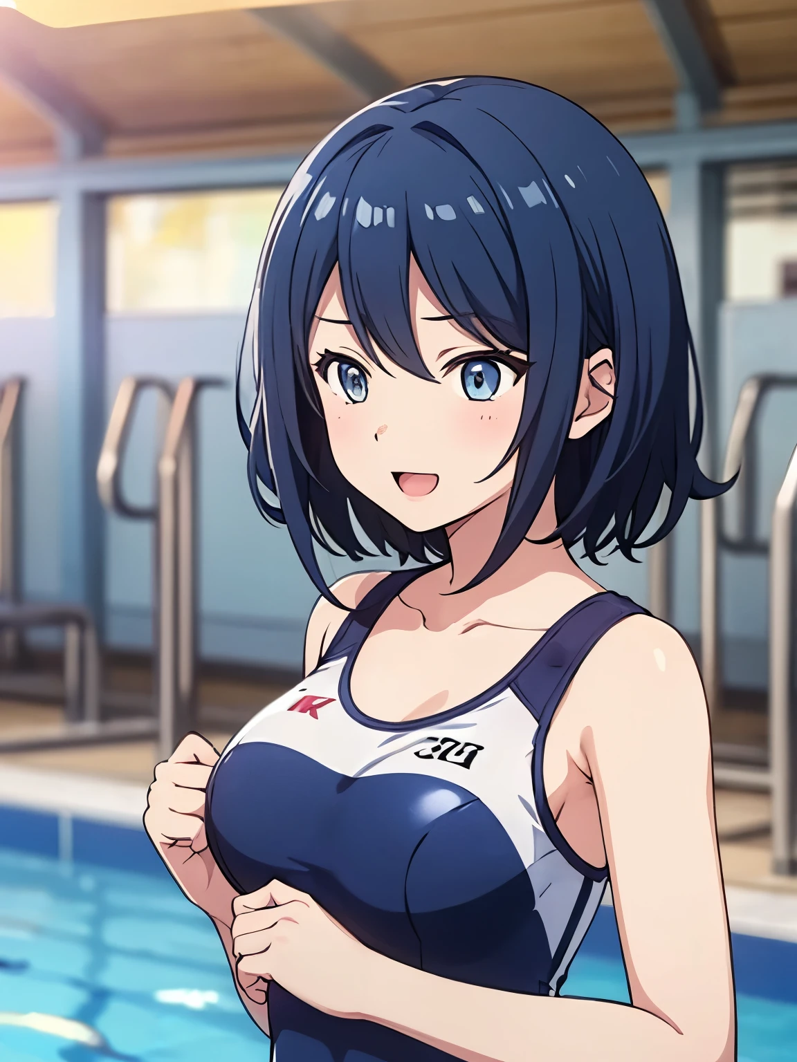 ((masterpiece, Best Quality, Very detailed, Very nice 8K CG wallpaper)), A little thick, Medium Hair, Navy Blue Hair, Short Hair, Dark blue eyes、Competition swimsuit、Large bust、Cute expression、Inside the school pool、discovery、One Girl、whole body、Hoshino Ichika、Bust size: D cup、