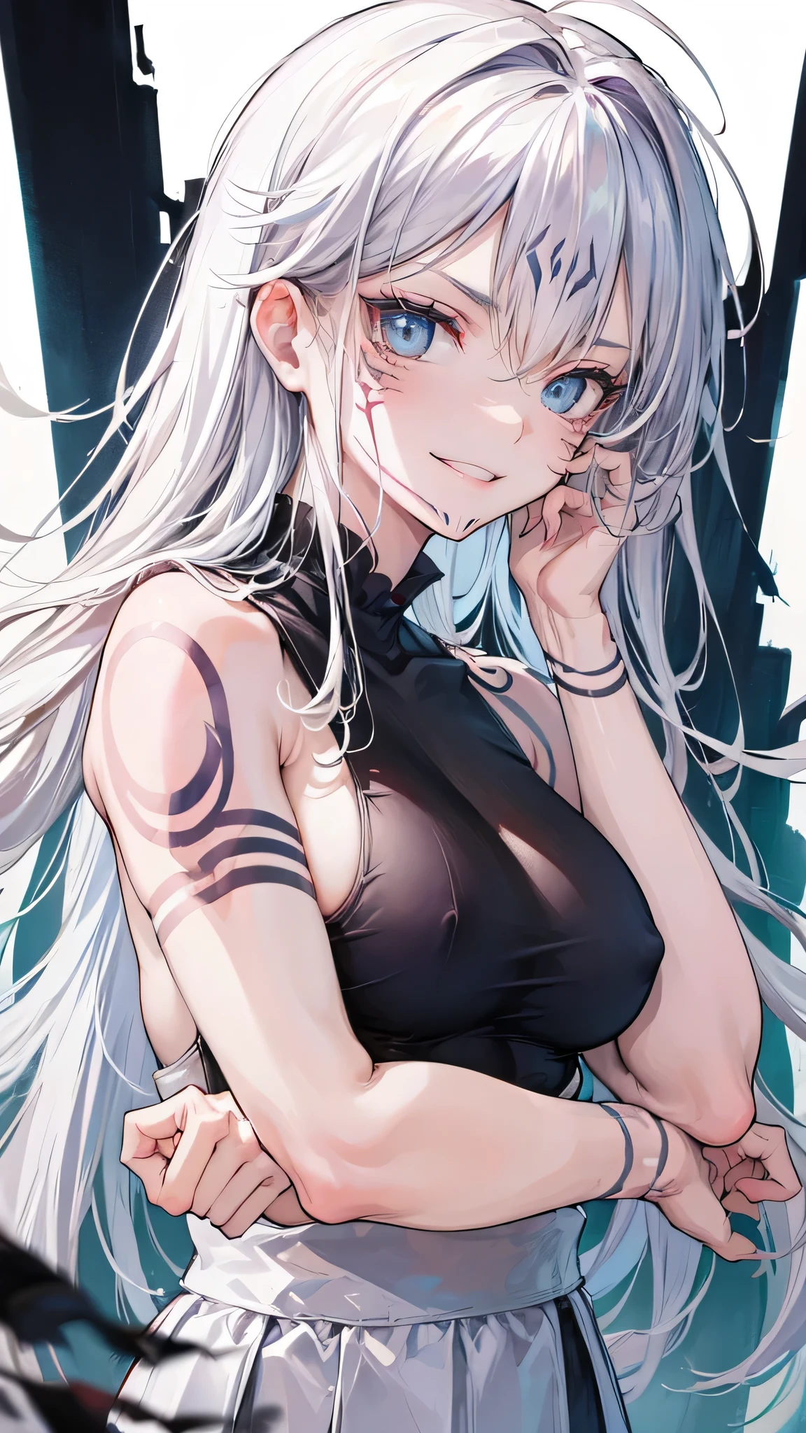 (masterpiece, best quality:1.2), upper body, solo, 1girl, sukuna tattoo, evil grin, looking at viewer, hand on own face, long hair, white hair, blue eyes, extra eyes, v-shaped eyebrows, nudity, thin white strap tank top, blood stain on tank top, long tank top hydrated lips, , dark lighting, caustics , big breast, healthy body, 