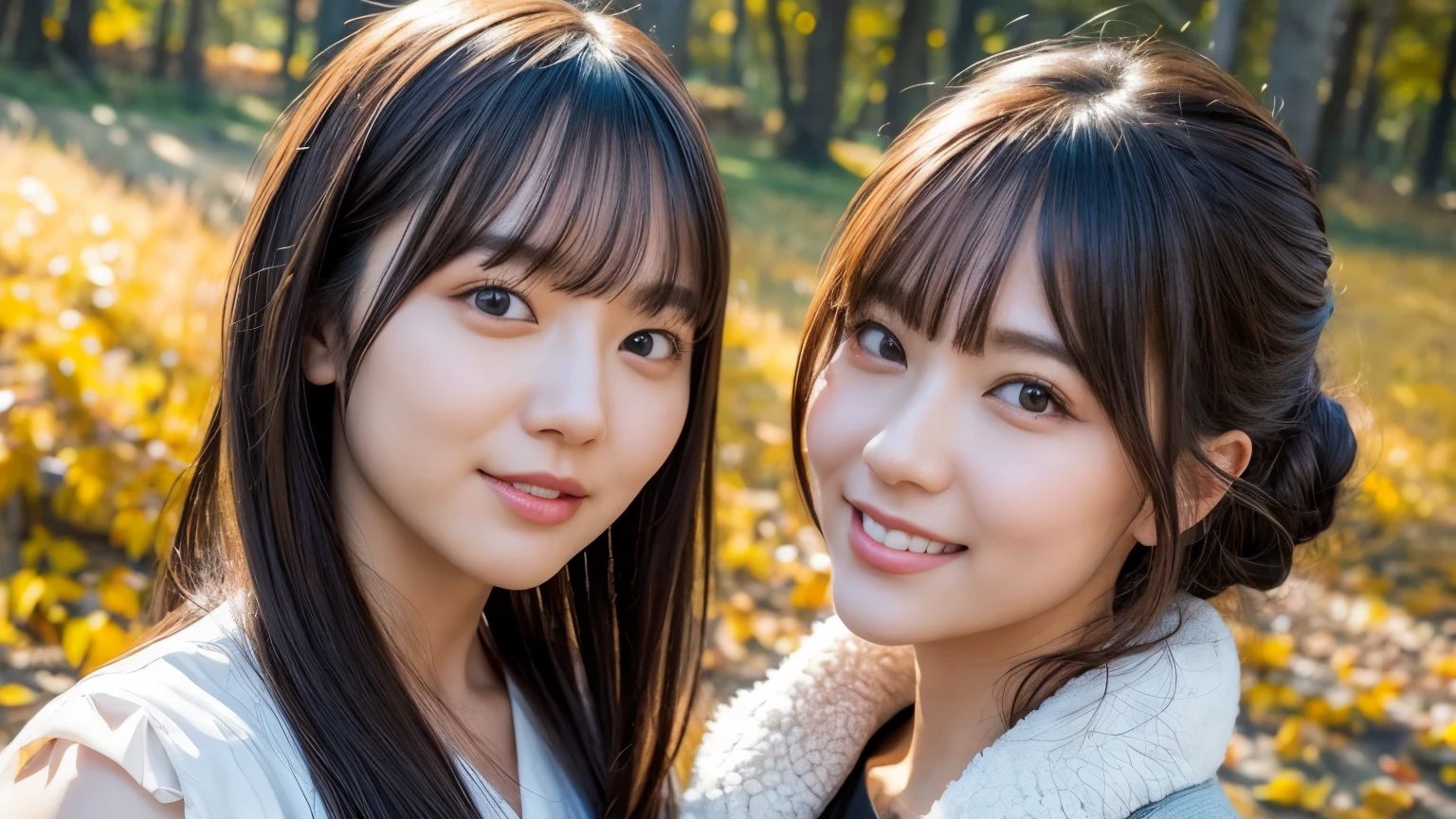 Japanese beautiful girls, chatting with walking, surrounded by trees with autumn leaves, dry landscape garden, vivid autumn leaves, wind blowing, autumn leaves fluttering, dressed in autumn fashion, looking up at the sky, face in profile, eyes closed, feel the wind on face, middle length bright-brown hair, hair fluttering in the wind, beautiful white-colored translucent skin, slendar figure, skiny, flat breast, small mouth, small nose, smooth round jawline, glossy face, realistic figure, elegant makeup, flushed cheeks, open-chested clothing, a little exposed skin, {realistic}, {cinematic}, {photogenic}, {cinematic lighting}, {vibrant colors}, {best quality}, {hyperdetailed}