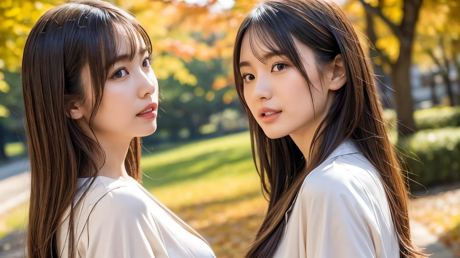 Japanese beautiful girls, chatting with walking, surrounded by trees with autumn leaves, dry landscape garden, vivid autumn leaves, wind blowing, autumn leaves fluttering, dressed in autumn fashion, looking up at the sky, face in profile, middle length bright-brown hair, hair fluttering in the wind, beautiful white-colored translucent skin, slendar figure, skiny, flat breast, small mouth, small nose, smooth round jawline, glossy face, realistic figure, elegant makeup, flushed cheeks, open-chested clothing, a little exposed skin, {realistic}, {cinematic}, {photogenic}, {cinematic lighting}, {vibrant colors}, {best quality}, {hyperdetailed}