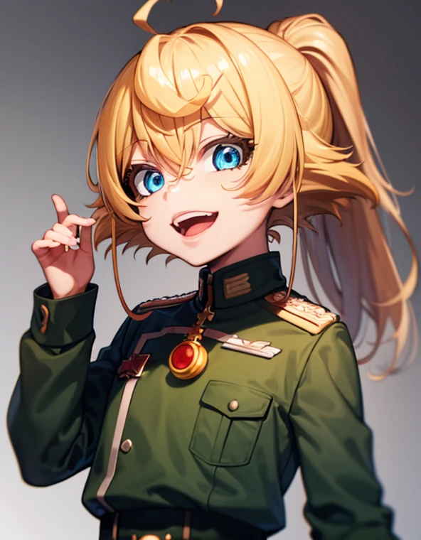 a young female anime character with orange hair and uniform looking to her left, tanya degurechaff, 1girl, solo, blue eyes, blonde hair, ahoge, looking at viewer, white background, open mouth, military uniform, uniform, military, smile, simple background, hair between eyes