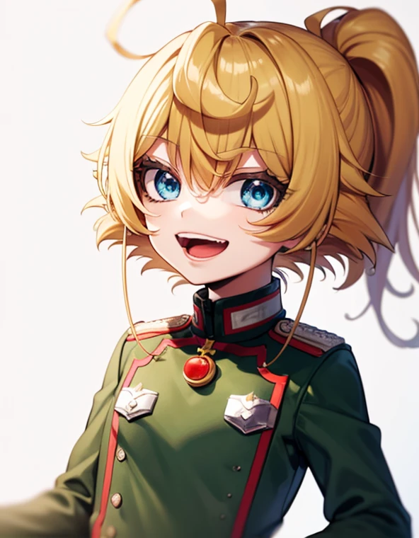 a young female anime character with orange hair and uniform looking to her left, tanya degurechaff, 1girl, solo, blue eyes, blonde hair, ahoge, looking at viewer, white background, open mouth, military uniform, uniform, military, smile, simple background, hair between eyes