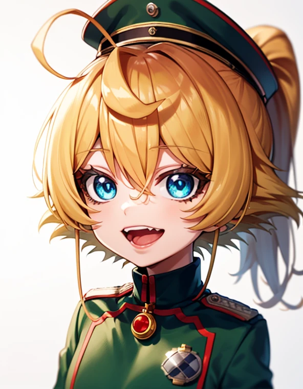 a young female anime character with orange hair and uniform looking to her left, tanya degurechaff, 1girl, solo, blue eyes, blonde hair, ahoge, looking at viewer, white background, open mouth, military uniform, uniform, military, smile, simple background, hair between eyes