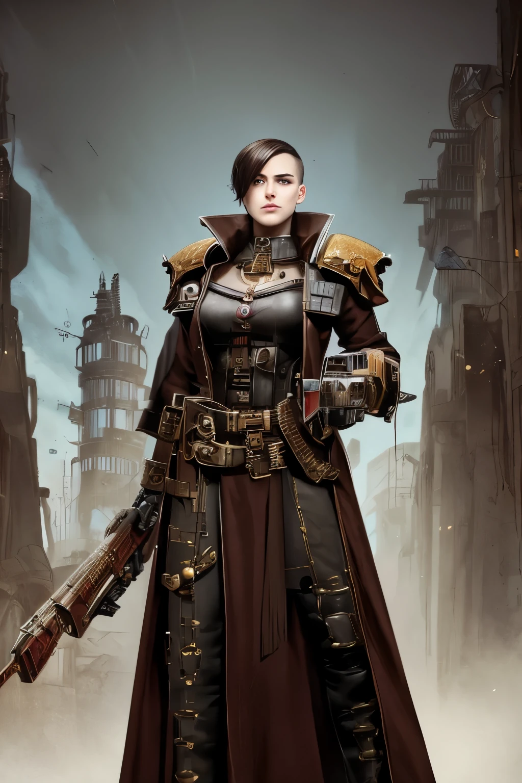 Warhammer 40k Setting: A h young female noble with very short dark-brown undercut. Shaved sides. Tomboyish. Androgynous. Slim. Wide hips. Long thick legs. Extremly pale skin with liverspots. A narrow soft face. Round chin. Curved lips. A long and wide nose. Upturned eyes. Brown eye colour. Very thin eyebrows. Big forehead. Long neck. Extremly pale skin. Freckles. Very short hair. Short manly haircut. Undercut. Sides shaved. Looking Androgynous. Tomboyish. Grim. Melancholic. Dark. Wearing clothing of an warhammer 40k noble. Background: A sinister industrial megacity in a grim warhammer 40k universe.