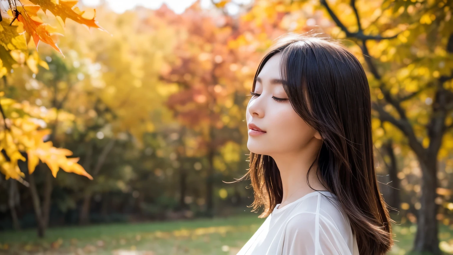 Japanese beautiful girls, chatting with walking, surrounded by trees with autumn maple leaves, dry landscape garden, vivid autumn maple leaves, wind blowing, autumn maple leaves fluttering, dressed in autumn fashion, looking up at the sky, face in profile, eyes closed, feel the wind on face, middle length bright-brown hair, hair fluttering in the wind, beautiful white-colored translucent skin, slendar figure, skiny, flat breast, small mouth, small nose, smooth round jawline, glossy face, realistic figure, elegant makeup, flushed cheeks, open-chested clothing, a little exposed skin, {realistic}, {cinematic}, {photogenic}, {cinematic lighting}, {vibrant colors}, {best quality}, {hyperdetailed}