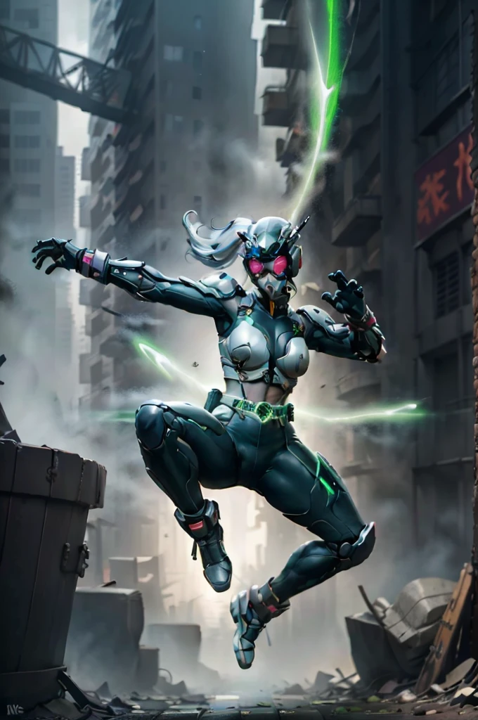 ultra-detailed,4K resolution,180mm film,A green and silver cyberpunk female ninja with glowing katana and huge syuriken. The cyberpunk landscape adds a futuristic touch to the assassin character,jumping kick like lightning