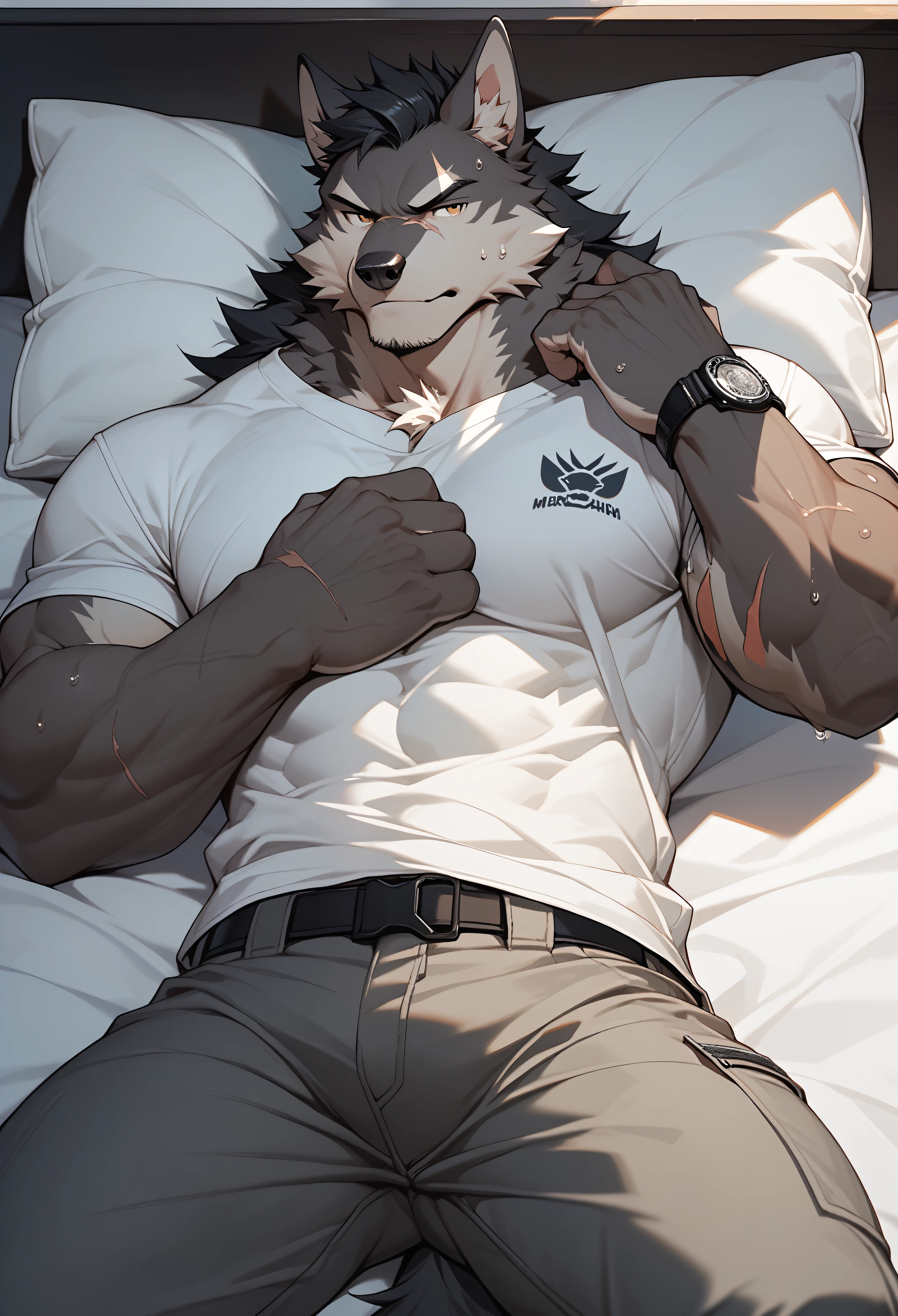 furry, furry male, male focus, tail, 1 boy (: 2.1), wolf, hairy wolf, man, muscular, brown, gray cargo pants, muscular adult male, smooth (: 1.5), serious gaze (: 1.6), sweaty, short black hair (:1.5), sweaty body, short black hair, lying in bed，Black mane，Scars on the body，black body，White shirt