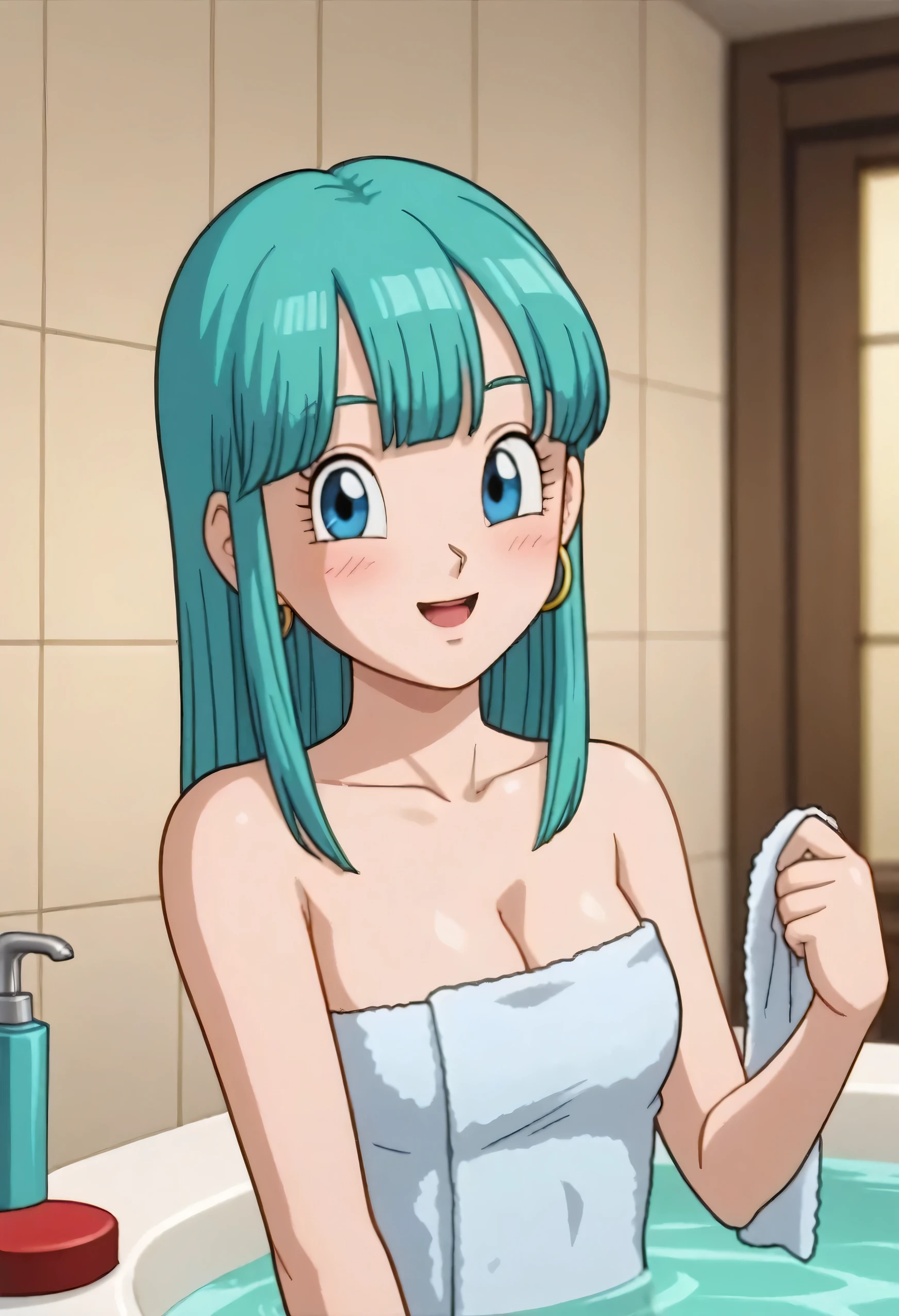 source_anime, score_9, score_8_up, score_7_up, anime screencap, bulla, long hair, straight hair, aqua hair, blue eyes, breasts, looking at viewer, blush, smile, red hairband, open mouth, bangs, bare shoulders, a seductive smile, 1girl, solo, bare shoulders, a seductive smile, getting out of the bath tub with soap and bubbles, standing up and covering in a bath towel, looking at viewer, she has tender and slender body with medium breasts and cleavage, bare shoulders, naked towel, blue towel,
