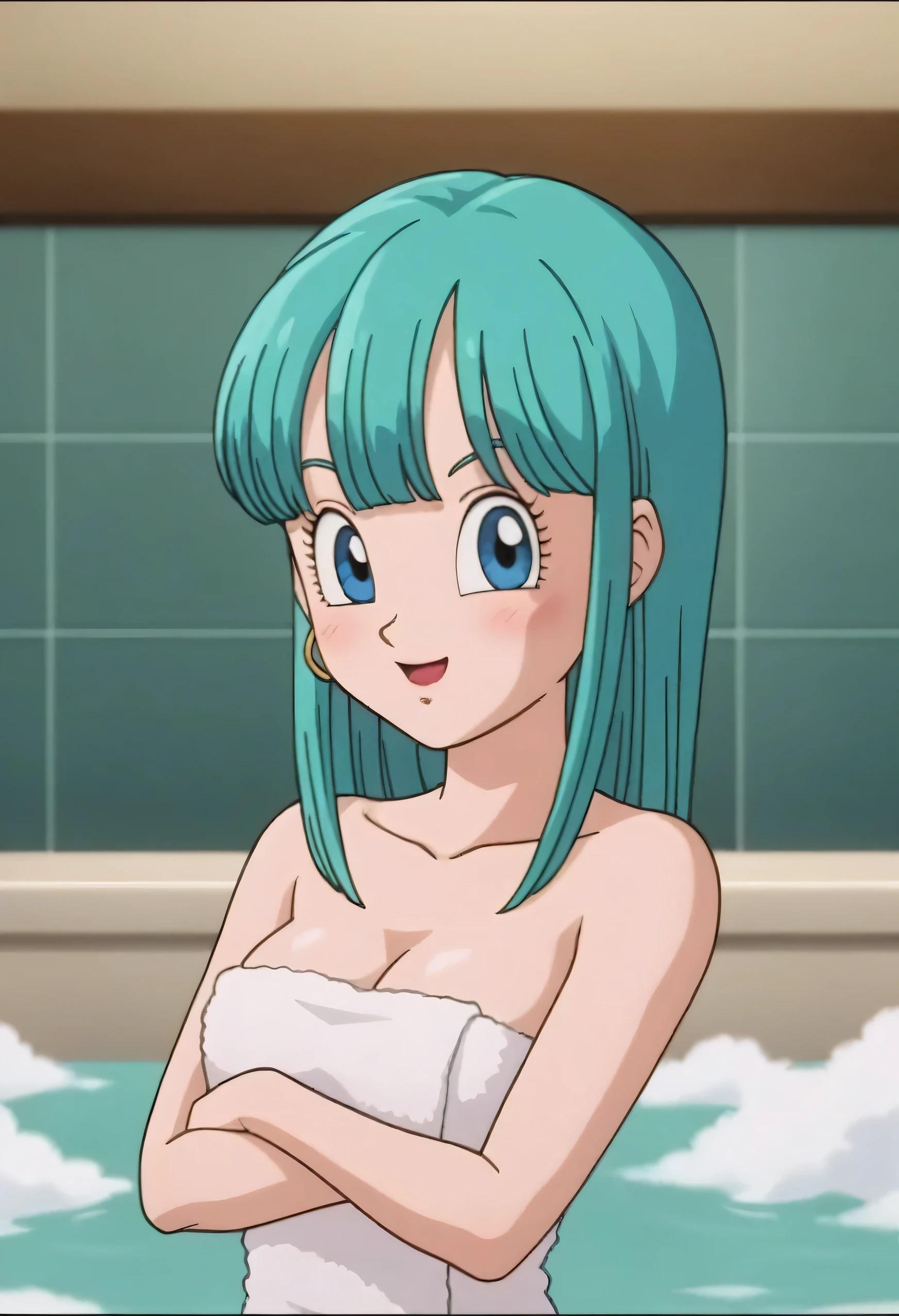 source_anime, score_9, score_8_up, score_7_up, anime screencap, bulla, long hair, straight hair, aqua hair, blue eyes, breasts, looking at viewer, blush, smile, red hairband, open mouth, bangs, bare shoulders, a seductive smile, 1girl, solo, bare shoulders, a seductive smile, getting out of the bath tub with soap and bubbles, standing up and covering in a bath towel, looking at viewer, she has tender and slender body with medium breasts and cleavage, bare shoulders, naked towel, blue towel,
