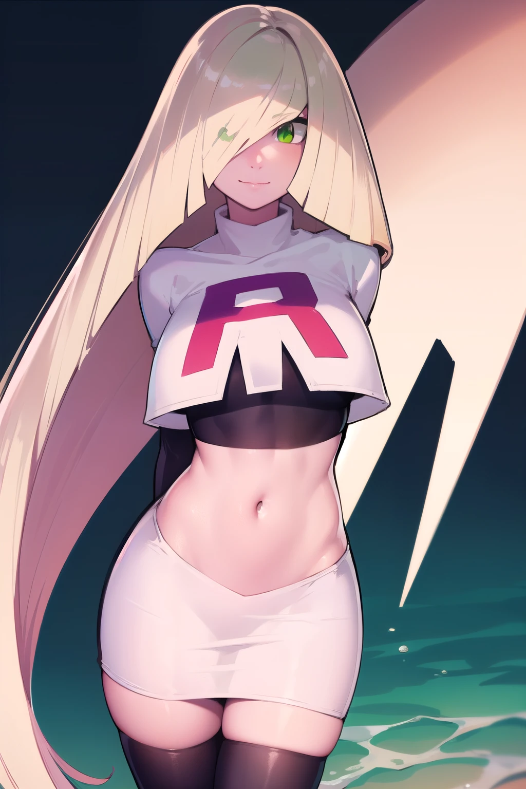 pokemonlusamine, pokemonlusamine, blonde hair, (green eyes:1.5), hair over one eye, long hair, multicolored hair, streaked hair, very long hair, smile,
BREAK  rocket,team rocket uniform,white skirt,red letter R,crop top,black thigh-highs,black elbow gloves,
BREAK looking at viewer,
BREAK (masterpiece:1.2), best quality, high resolution, unity 8k wallpaper, (illustration:0.8), (beautiful detailed eyes:1.6), extremely detailed face, perfect lighting, extremely detailed CG, (perfect hands, perfect anatomy),